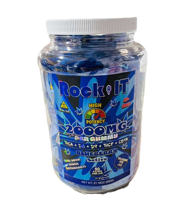 ROCK-IT GUMMIES 100,000MG | 2000MG PER PACK | THCA-DELTA9-DELTA8-THCP-HHC |  BLUEBERRY (SATIVA)
