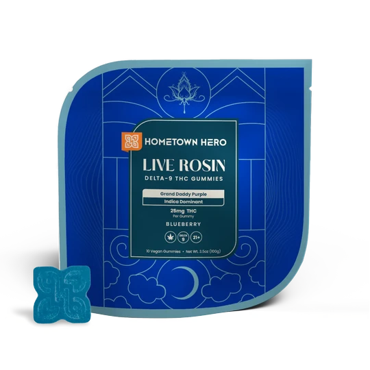 HOMETOWN HERO- LIVE ROSIN 25MG CANNA CLASSIC DELTA-9 THC GUMMIES | 10CT | GRAND DADDY PURPLE - BLUEBERRY (INDICA)