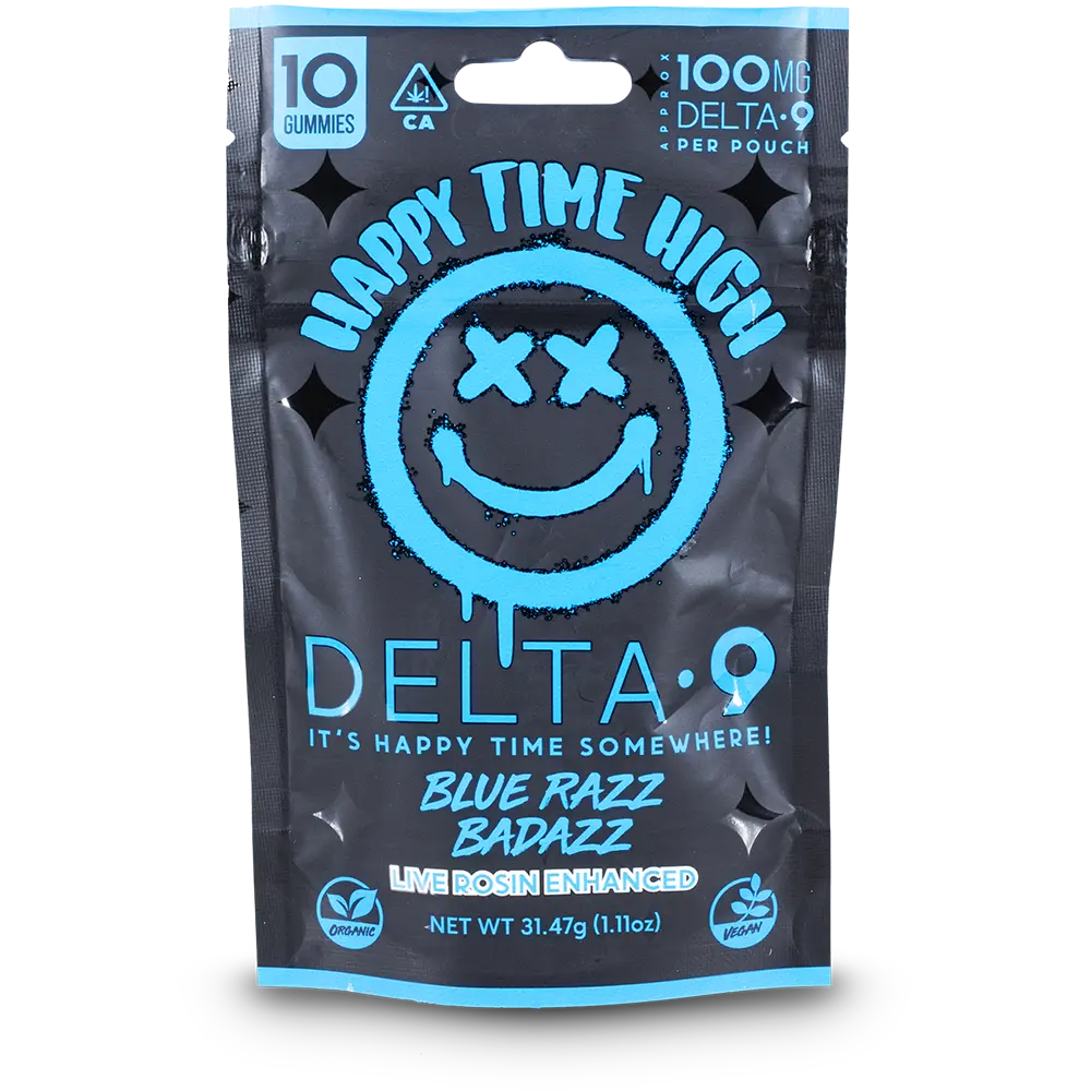 HAPPY TIME HIGH 100MG DELTA 9-THC LIVE ROSIN ENHANCED GUMMIES | 10CT BAG| BLUE RAZZ BADDAZZ