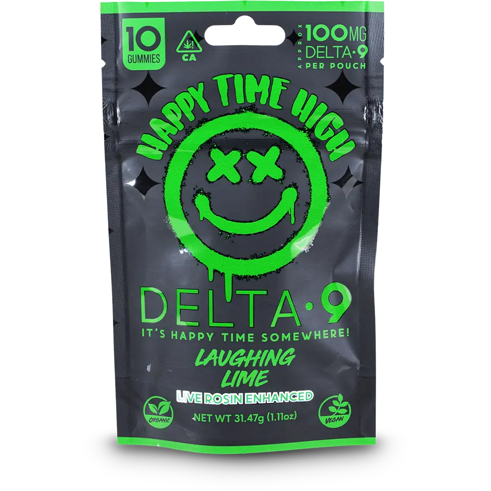 HAPPY TIME HIGH 100MG DELTA 9-THC LIVE ROSIN ENHANCED GUMMIES | 10CT BAG | LAUGHING LIME