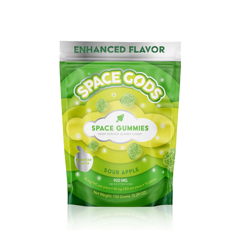 SPACE GODS | SPACE GUMMIES | ENHANCED FLAVOR | 900MG DELTA-9+CBD | 15 GUMMY PER PACK | 5CT BOX | SOUR APPLE