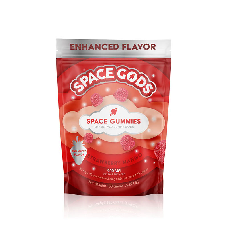 SPACE GODS | SPACE GUMMIES | ENHANCED FLAVOR | 900MG DELTA-9+CBD | 15 GUMMY PER PACK | 5CT BOX | STRAWBERRY MANGO