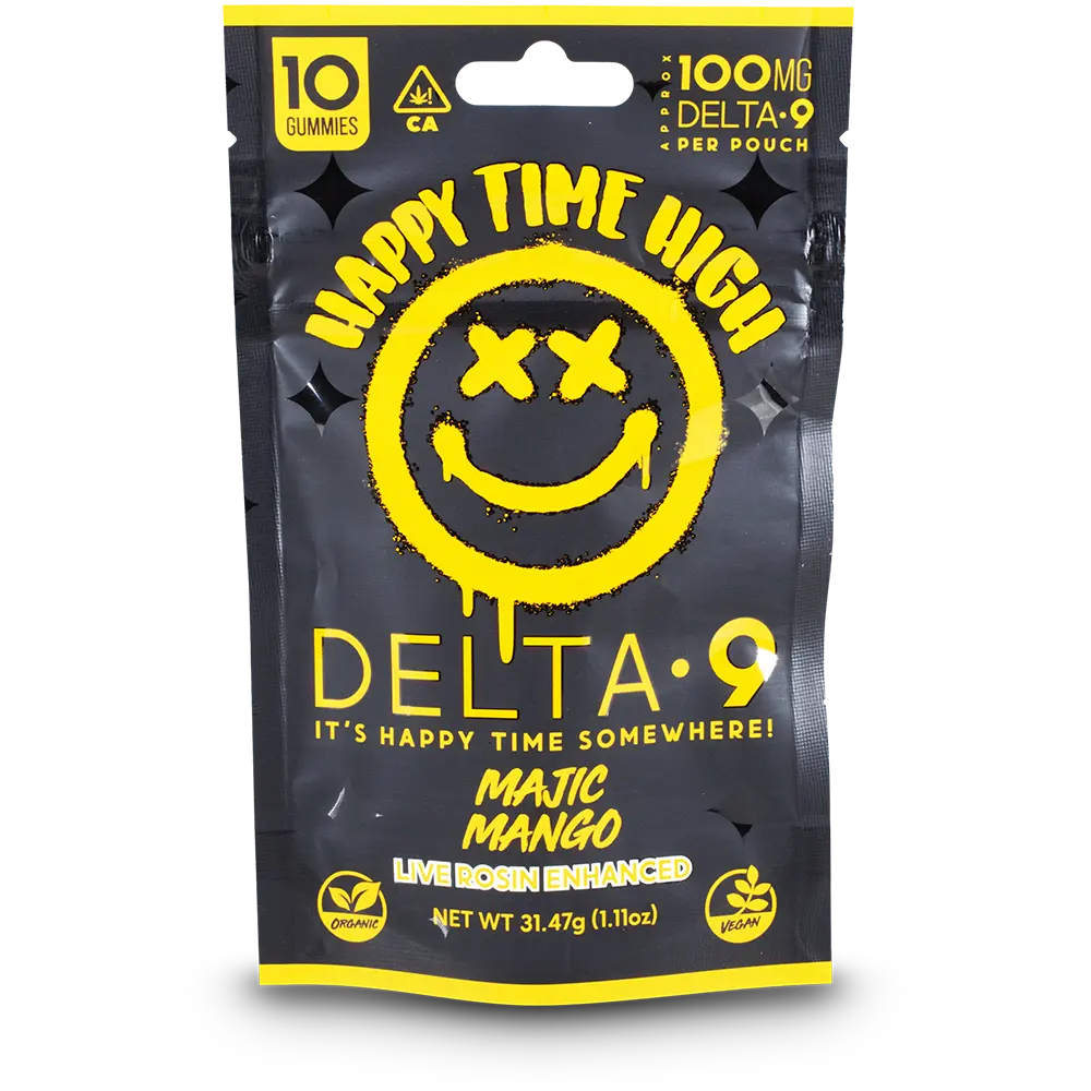 HAPPY TIME HIGH 100MG DELTA 9-THC LIVE ROSIN ENHANCED GUMMIES | 10CT BAG | MAJIC MANGO