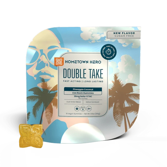 HOMETOWN HERO- DOUBLE TAKE 20MG DELTA-9 THC BLEND LIVE ROSIN GUMMIES | 10CT | PINEAPPLE COCONUT SUGER FREE (SATIVA)