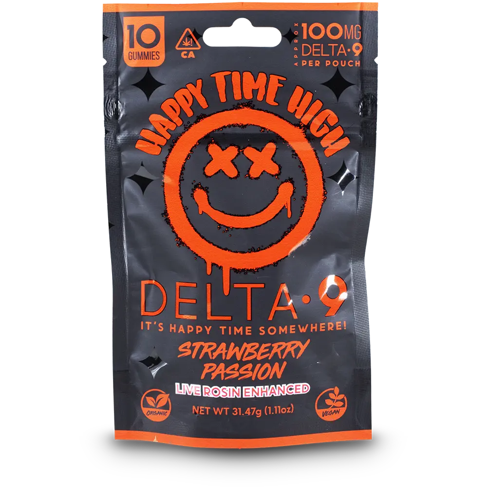 HAPPY TIME HIGH 100MG DELTA 9-THC LIVE ROSIN ENHANCED GUMMIES | 10CT BAG | STRAWBERRY PASSION