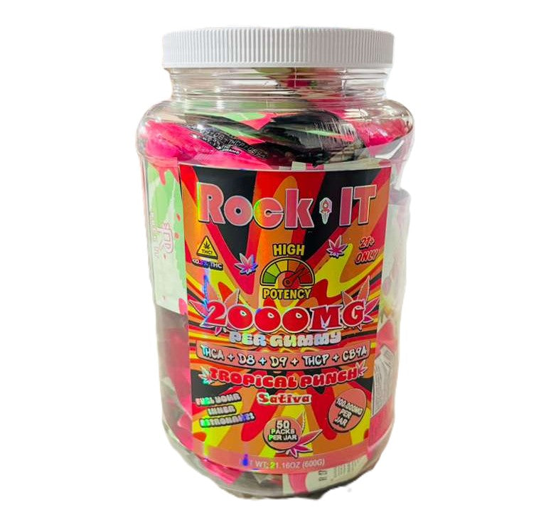 ROCK-IT GUMMIES 100,000MG | 2000MG PER PACK | THCA-DELTA9-DELTA8-THCP-HHC | TROPICAL PUNCH (SATIVA)