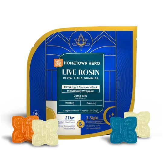 HOMETOWN HERO- VARIETY PACK LIVE ROSIN DAY & NIGHT 25MG DELTA-9 THC GUMMIES | 4CT