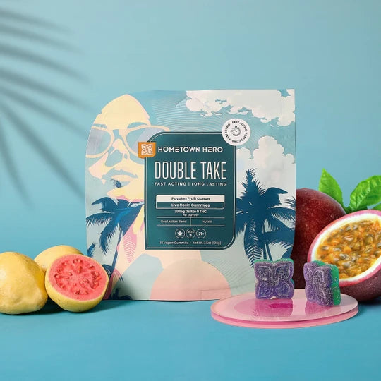 HOMETOWN HERO- DOUBLE TAKE 20MG DELTA-9 THC BLEND LIVE ROSIN GUMMIES | 10CT | PASSIONFRUIT GUAVA (HYBRID)
