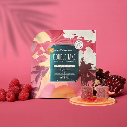 HOMETOWN HERO- DOUBLE TAKE 20MG DELTA-9 THC BLEND LIVE ROSIN GUMMIES | 10CT | POMEGRANATE RASPBERRY (INDICA)