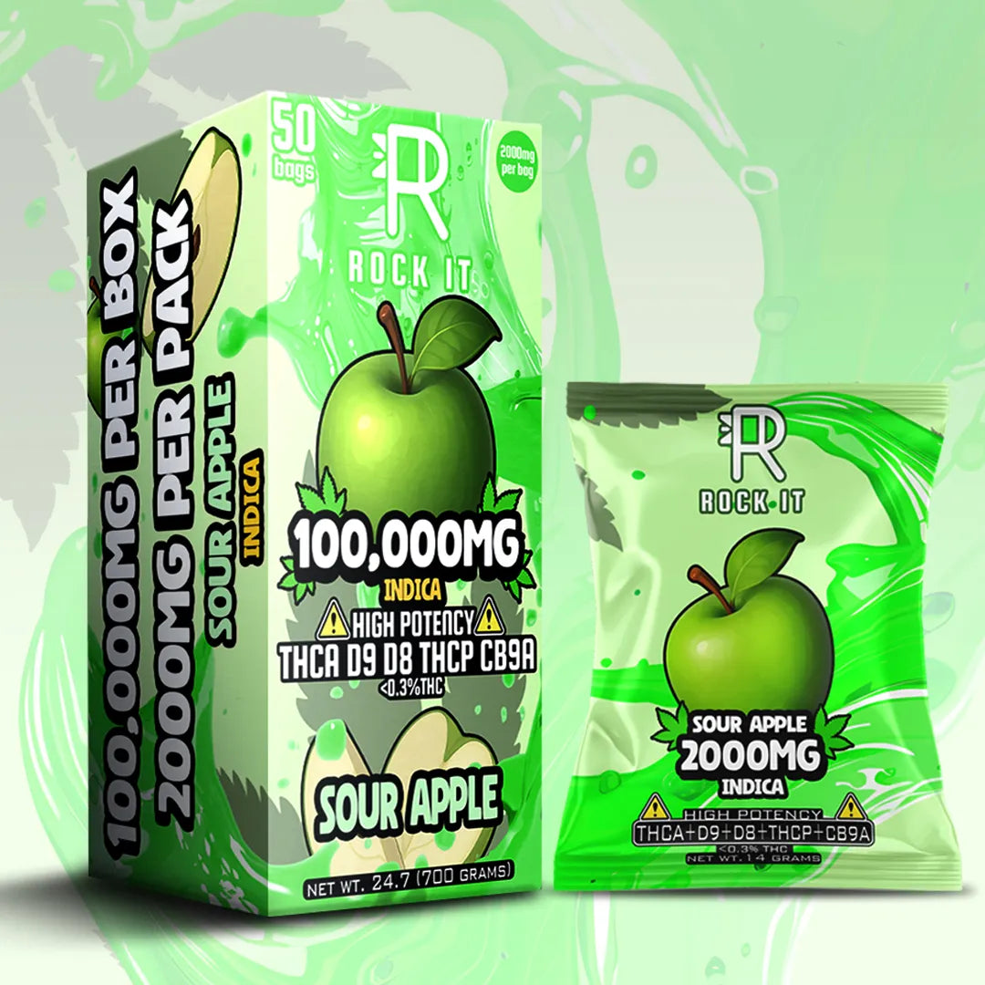 ROCK-IT GUMMIES 100,000MG | 2000MG PER BAG | THCA-DELTA9-DELTA8-THCP-CB9A | SOUR APPLE (INDICA)