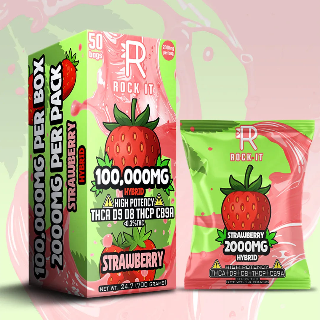 ROCK-IT GUMMIES 100,000MG | 2000MG PER BAG | THCA-DELTA9-DELTA8-THCP-CB9A | STRAWBERRY (HYBRID)